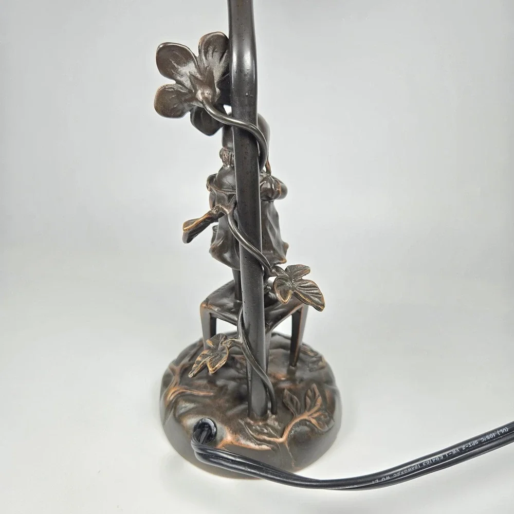 Vintage Juan Clara Bronze Statue Girl on Chair Table Lamp Pink Frost Glass Shade